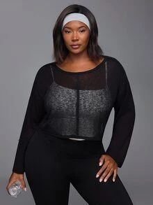 Voyena Women's Plus Size Solid Color Round Neck Drop Shoulder Long Sleeve Casual Fitness Sports T-Shirt - Black - View 4