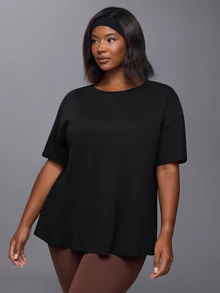 Voyena Women's Plus Size Solid Color Round Neck Short Sleeve Back Cutout Design Sports T-Shirt - Black - View 5
