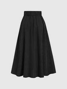 Sweetra Women's Striped Fabric Commuter Minimalist Pocket Flap A-Line Skirt - Black - View 2