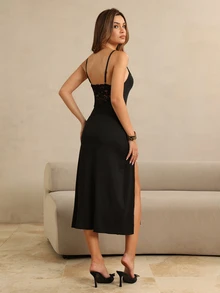 SHEIN Women's Solid Color Side Slit Hem Casual Camisole Loungewear Dress - Black - View 2
