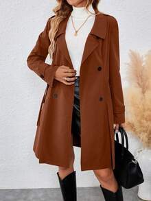 SHEIN LUNE 女款深灰色中長款風衣，翻領、鈕扣、收腰設計 - 棕色 - 查看 4