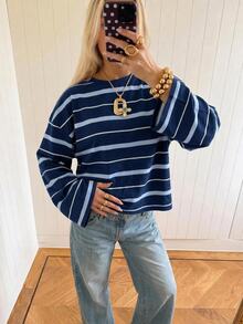 SHEIN EZwear 海外長袖淺藍色與海軍藍條紋襯衫，秋季上衣，適合日常通勤、聚會、秋冬春夏、聖誕節、新年、感恩節、派對、婚禮、海灘、畢業典禮、優雅、外出、約會、通勤、情人節、優雅、度假、Y2K、畢業典禮等場合 - 彩色 - 查看 5