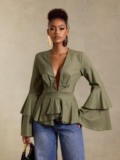 BamGlimmer Blusa de mujer con nuevo diseño de verano y otoño, escote en V profundo, bajo con volantes multicapa, manga con volantes de doble capa, estilo casual de vacaciones de moda, adecuada para viajes, uso diario, regreso a la escuela, fiestas y reuniones, versátil para ir al trabajo