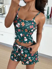 ZzzCrew Christmas Element All-Over Print Ribbed Knit Cami Top & Shorts Women's Pajama Set - Dark Green - View 6