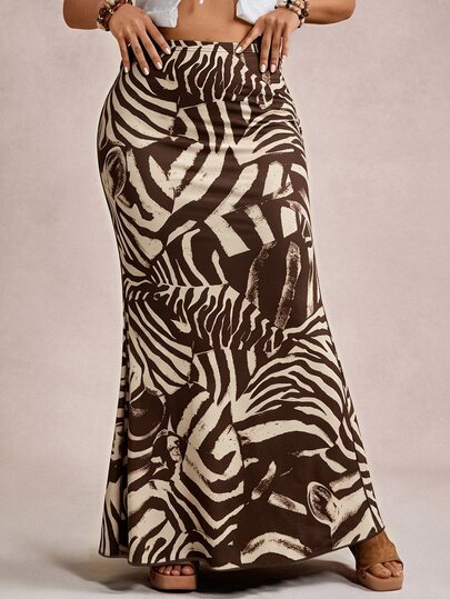Freevana Plus Size Women's Elegant Mermaid Brown Zebra Print Mermaid Hem Long Skirt Fall,Autumn/Winter,Casual Suitable For Daily Commute,Vacation