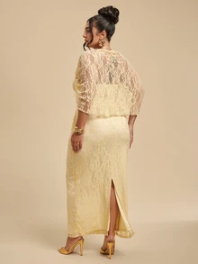 SHEIN BAE CURVE Plus Size Women's Yellow Lace Ruched Dress - Yellow - View 3