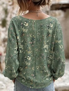 Linhara Plus Size Woven Printed Casual Autumn Shirt Fall - Green - View 2