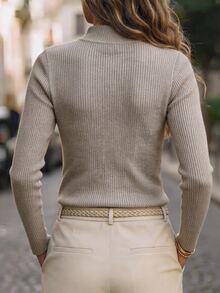SHEIN New Chinese Style Stand Collar Ribbed Knit Top With Traditional Frog Buttons - Camel - View 2