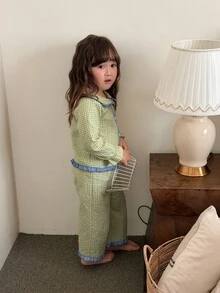 DAZY Infant/Toddler (Girl) Plaid Korean Style Long Sleeve Comfortable 2 Pieces Loungewear Set - Green - View 4