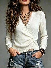 Breezaya Women's Lace Patchwork Casual Versatile Daily Wear Cardigan - White - View 1