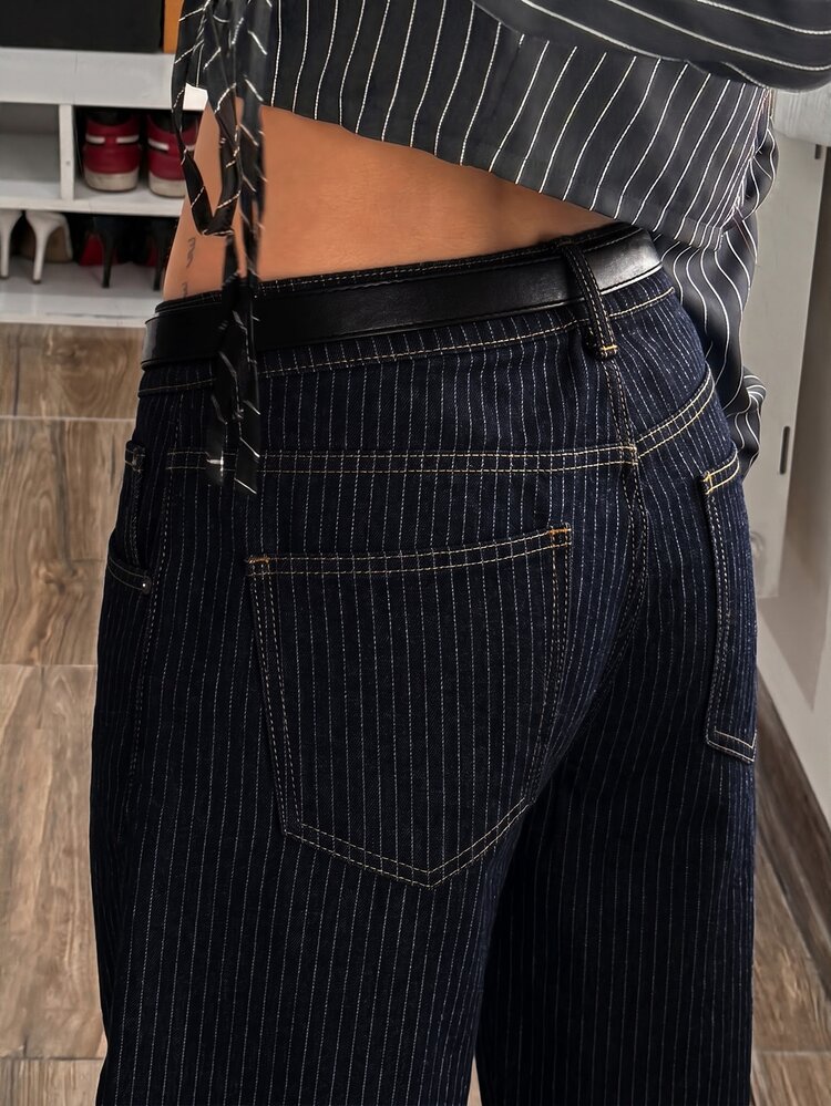 StreetHx Fashion Casual Street Style Striped Low Waist Straight Leg Denim Jeans - Dark Wash - View 5