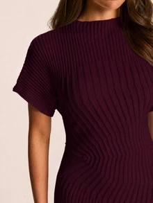 SHEIN BAE Korean Style Elegant Ribbed Knit Asymmetrical Bodycon Dress For Women Summer Slimming Fitted Stretch Body-Hugging Base Brunch Tea Party Off-White - Purple - View 6