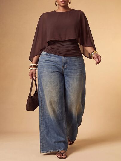 Zivah New Summer/Autumn Commuter Elegant Casual Brown Chiffon Shawl Cape Women's Plus Size Top, Suitable For Daily Wear, Outings, Vacations, Travel, Beach, Parties, Airport Outfits, Brunch Outfits, Bohemian Style, Nomad Style, Casual Style, Shopping, Women's Work Outfits, Graduation Ceremony Outfits, Country Music Concert Outfits