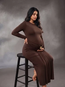 SHEIN Brown Slim Fit Flattering Ruched Twist Metal Buckle Long Sleeve Maternity Plus Size Dress For Party And Gathering - Brown - View 6
