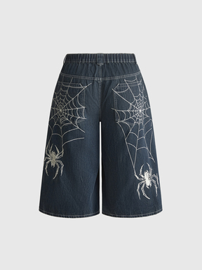 Grunge Punk Plus Size Vintage Streetwear Back Pocket Spider Embroidery Loose Fit Denim Capris