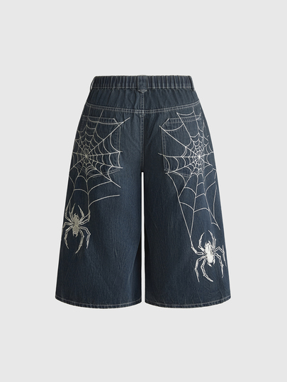 Grunge Punk Plus Size Vintage Streetwear Back Pocket Spider Embroidery Loose Fit Denim Capris