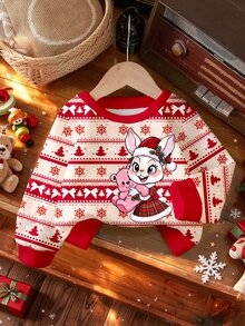 1pc Young Girls Casual Fresh Cute Cartoon Red & White Christmas Rabbit Momo Pattern Crew Neck Sweatshirt, Christmas Fall Outfits - Pink - View 4