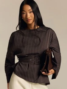 COSMINA Women's Long Sleeve Brown Striped Shirt With Belt And Asymmetrical Hem, Autumn/Winter - Brown - View 1