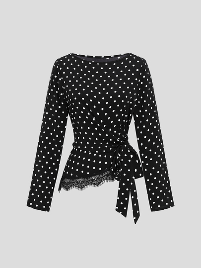 Sweetra New French Polka Dot Lace Patchwork European American Sexy Streetwear Commute Elegant Fashion Versatile Boat Neck Bowknot Tie Waist Design Blouse