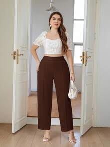 SHEIN PETITE CURVE 大尺碼女款純色休閒直筒長褲，適合日常穿著 - 咖啡棕 - 查看 5
