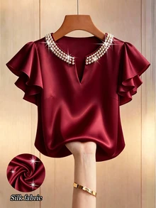 GlowEve CURVE Plus Size Autumn Fashion Casual Versatile Satin Beaded Burgundy Blouse - Burgundy - View 6