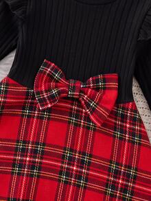 SHEIN Baby Girl Round Neck Long Sleeve Patchwork Plaid Hem Bow Decor Cute Dress - Red - View 4