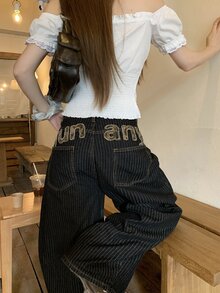 Dazy Kids 青少年女孩字母貼布條紋寬腿寬鬆休閒牛仔褲 - 深色水洗藍 - 查看 9