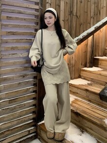 DAZY Women's Round Neck Long Sleeve Korean Style Elegant Sweater 2 Pieces Set - Khaki - View 7