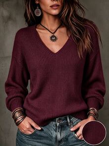 SHEIN New Spring Fall Korean Lazy Textured Knit V Neck Jumper Women Long Sleeve Loose Fit Short Length Casual - Burgundy - View 1