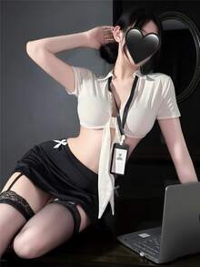 Dansine Sexy Lace Trim Short Sleeve Cropped Secretary Cosplay Uniform Student Outfit Lingerie Set - Black and White - View 4