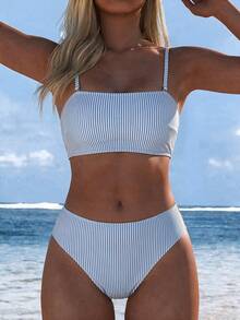 Swim Vcay Women's Sweet Blue & White Striped Textured Bandeau Detachable Shoulder Strap Two-Piece Swimsuit Set - Baby Blue - View 5