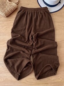 Rusticease Women's Solid Color Drawstring Waist Pocket Loose Casual Long Pants - Coffee Brown - View 2
