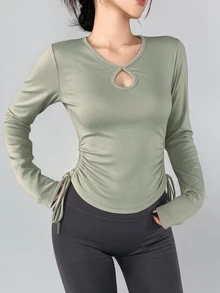 DAZY Women's Solid Color Pleated Casual Daily Long Sleeve Sports T-Shirt - Mint Green - View 4