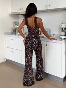 ZzzCrew Wild Leopard Print Lace Deep V-Neck Tank Top & Flared Pants Set, Wide Strap, Waist-Cinched, Patchwork Lace, Sheer Hollow Out, Sexy Slim Fit Loungewear 2 Pieces Set - Multicolor - View 2