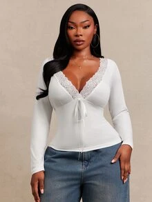 SHEIN SXY White High Elasticity Knit Lace Patchwork V-Neck Bow Decor Long Sleeve T-Shirt Fall - White - View 4
