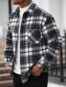 Manfinity CasualCool 男士長袖單排扣格紋襯衫外套，正式款 - 黑與白 - 查看 6