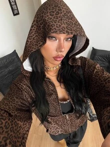 Coolane 女款秋冬外出派對電音節性感街頭風 Y2K 時尚棕色豹紋拉鍊連帽寬鬆口袋衛衣 秋季服飾 - 棕色 - 查看 2