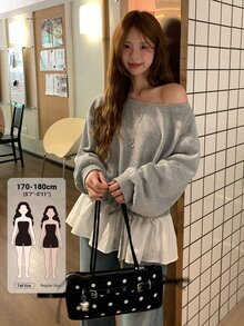 Dazy Tall Women's Korean Style Long Sleeve Patchwork Hem 2 In 1 Sweatshirt - Grey - View 1