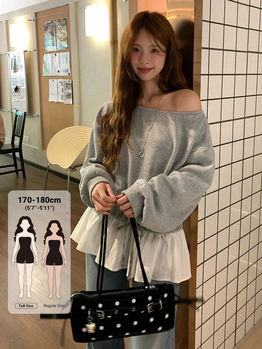 Dazy Tall Women's Korean Style Long Sleeve Patchwork Hem 2 In 1 Sweatshirt - Grey - View 1