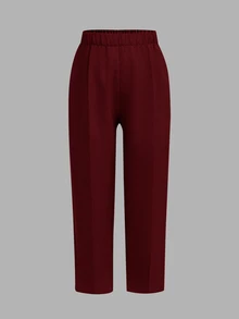 SHEIN 小男孩三件套西裝：卡其色背心、鬆緊腰長褲、領結與長袖襯衫，紳士風，適合春夏/秋冬 - 酒紅色 - 查看 10