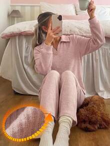 DAZY Autumn/Winter Simple Knit Women's Pajama Set For Home - Pink - View 1