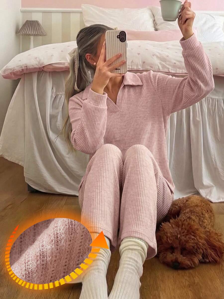 DAZY Autumn/Winter Simple Knit Women's Pajama Set For Home - Pink - View 1