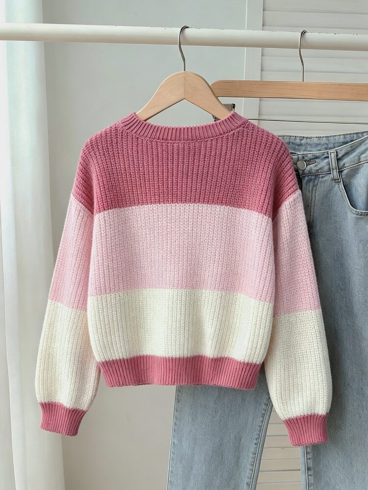SHEIN Tween Girl Striped Color Block Long Sleeve Sweater, Suitable For Autumn/Winter - Multicolor - View 2
