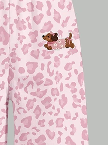 Young Girls Casual Fresh Pink Leopard Print Floral Dachshund Puppy Kawaii Pattern Crew Neck Sweatshirt And Wide Leg Pants Set Fall Outfits - Multicolor - View 5