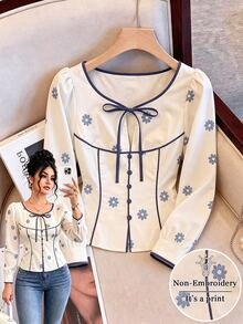 GlowEve CURVE Women's Plus Size Round Neck Printed Long Sleeve Blouse, Casual Autumn/Winter Top Fall - White - View 3