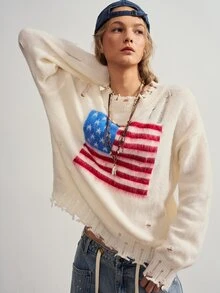 Bohemela Suéter de mujer de moda con efecto desgastado y jacquard para vacaciones y días festivos - Beis - Ver 1