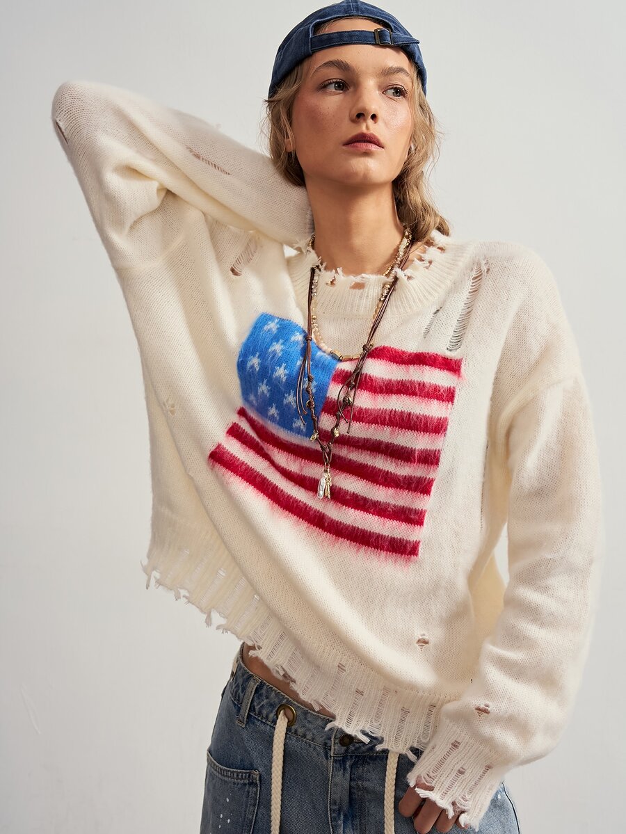 Bohemela Suéter de mujer de moda con efecto desgastado y jacquard para vacaciones y días festivos - Beis - Ver 1