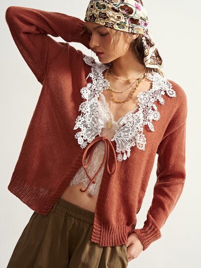 Bohemela Women's Lace Patchwork Casual Versatile Long Sleeve Sweater