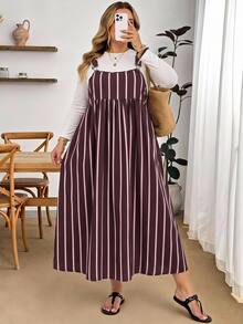 SHEIN CURVE+ 大尺碼女款條紋百褶休閒日常夏季細肩帶洋裝 - 彩色 - 查看 6