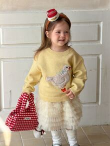 DAZY Baby Girl Cute Applique Embroidery Fashion Long Sleeve Sweater - Light Yellow - View 3